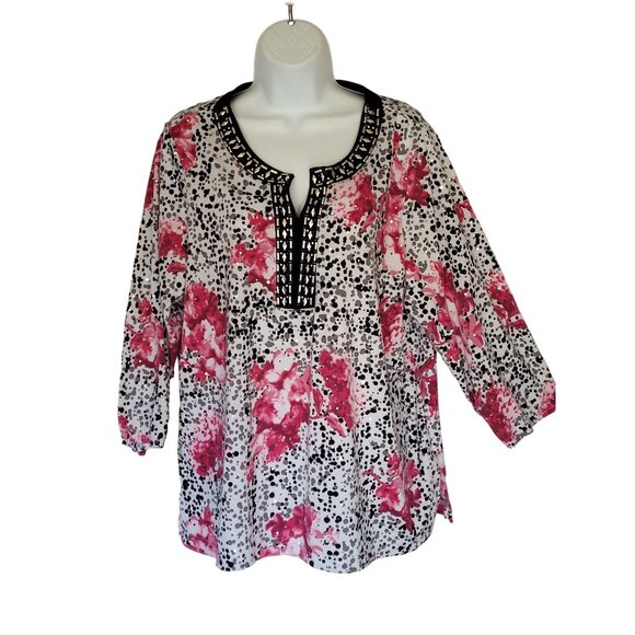 Studded V Neck Top Blouse XL 3/4 Sleeve Clear Sequins Pink Black Boho Artsy - Picture 2 of 6